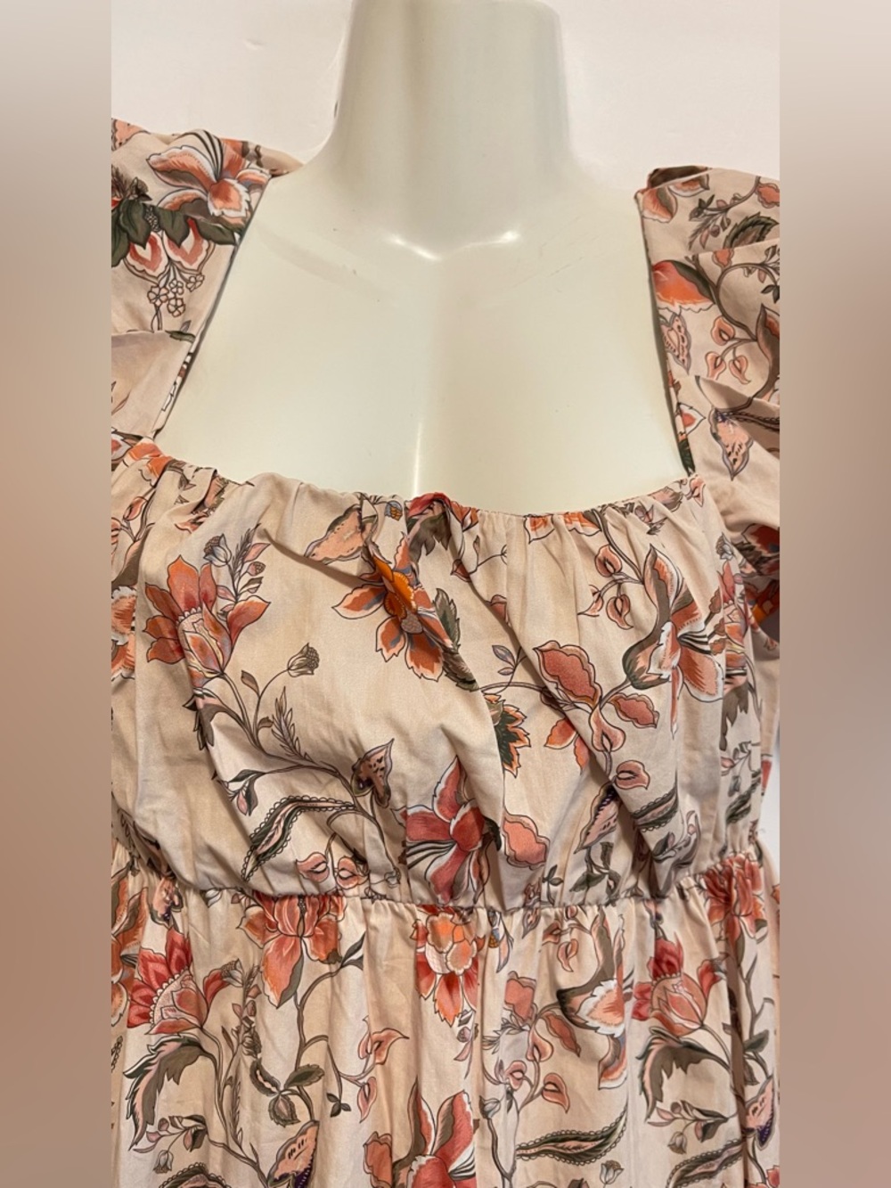 Mi Golondrina Blush Pink Floral Puff-Sleeve Midi Dress Elena crema coral SZ M - Picture 8 of 9